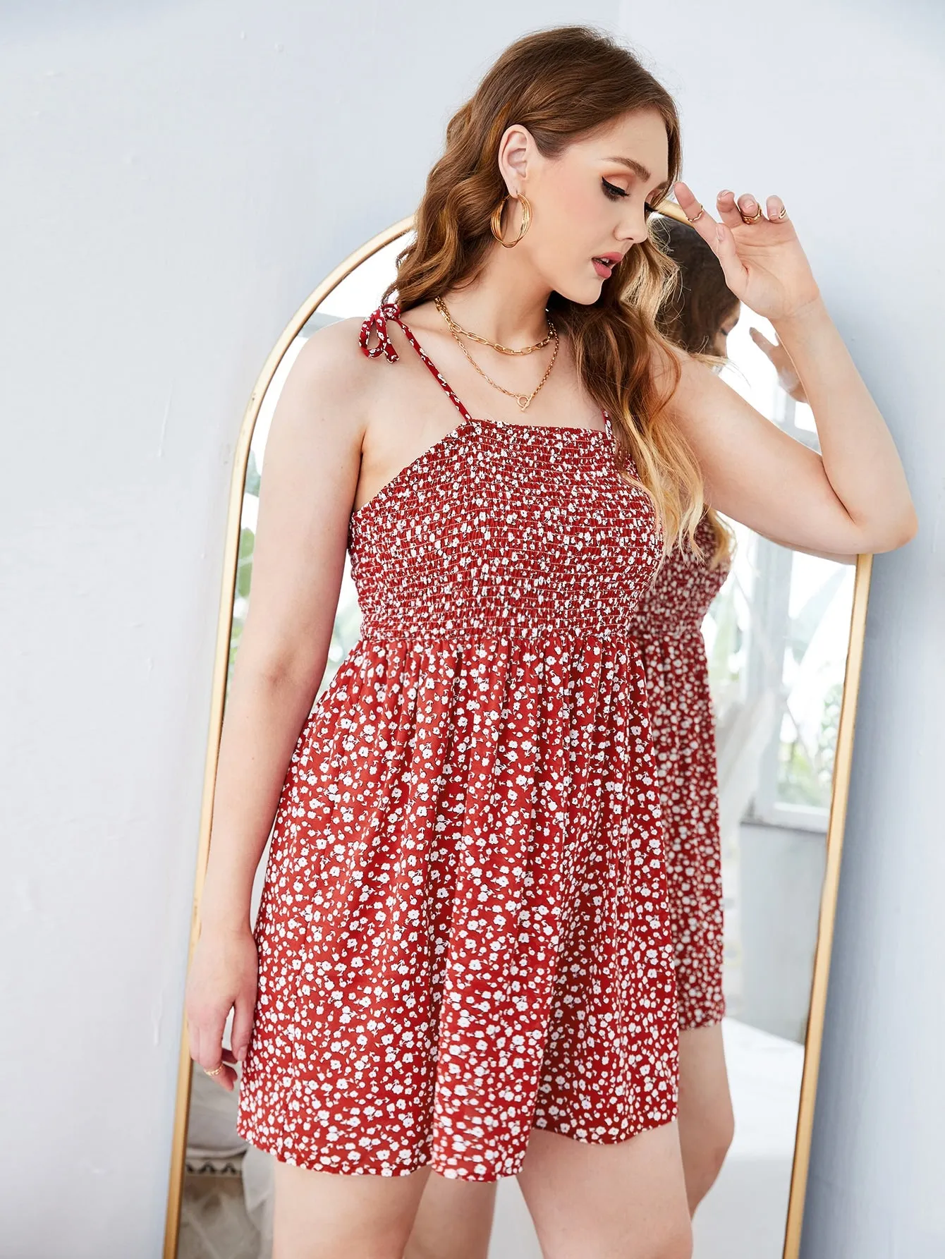 Boho Ditsy Floral Shirred Sleeveless Spaghetti Strap Flared High Waist Short Plus Size Dress