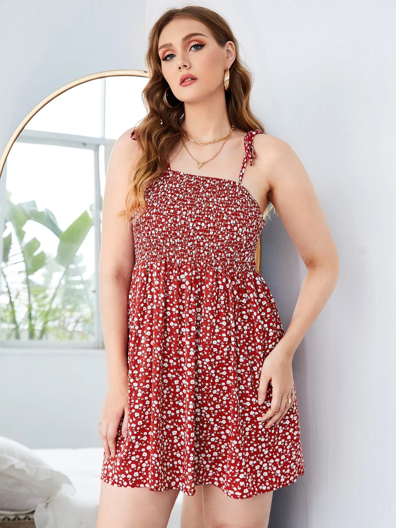 Boho Ditsy Floral Shirred Sleeveless Spaghetti Strap Flared High Waist Short Plus Size Dress