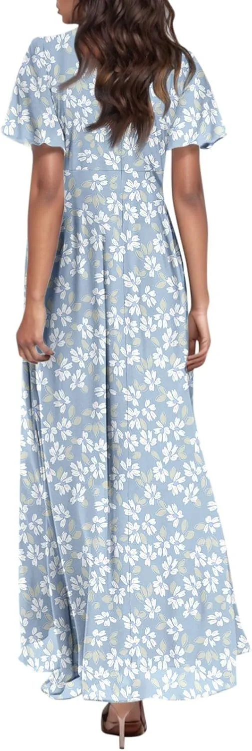 Boho Dresses for Women 2025 Maxi Dress Formal Summer Smocked Floral Dress Plus Size Ruffle Sleeve Chiffon Dresses