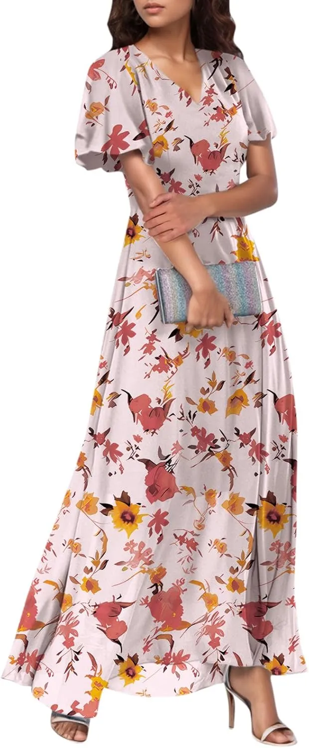 Boho Dresses for Women 2025 Maxi Dress Formal Summer Smocked Floral Dress Plus Size Ruffle Sleeve Chiffon Dresses