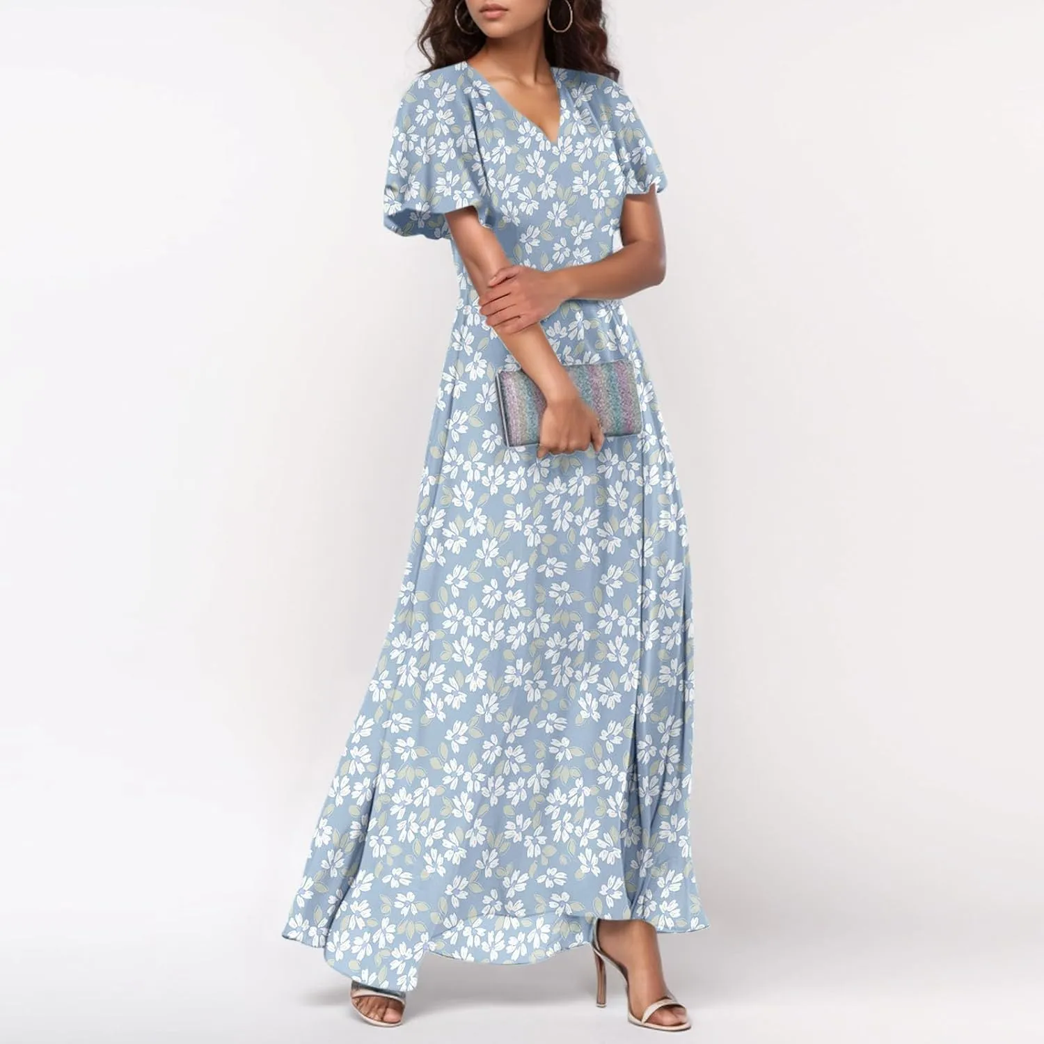 Boho Dresses for Women 2025 Maxi Dress Formal Summer Smocked Floral Dress Plus Size Ruffle Sleeve Chiffon Dresses