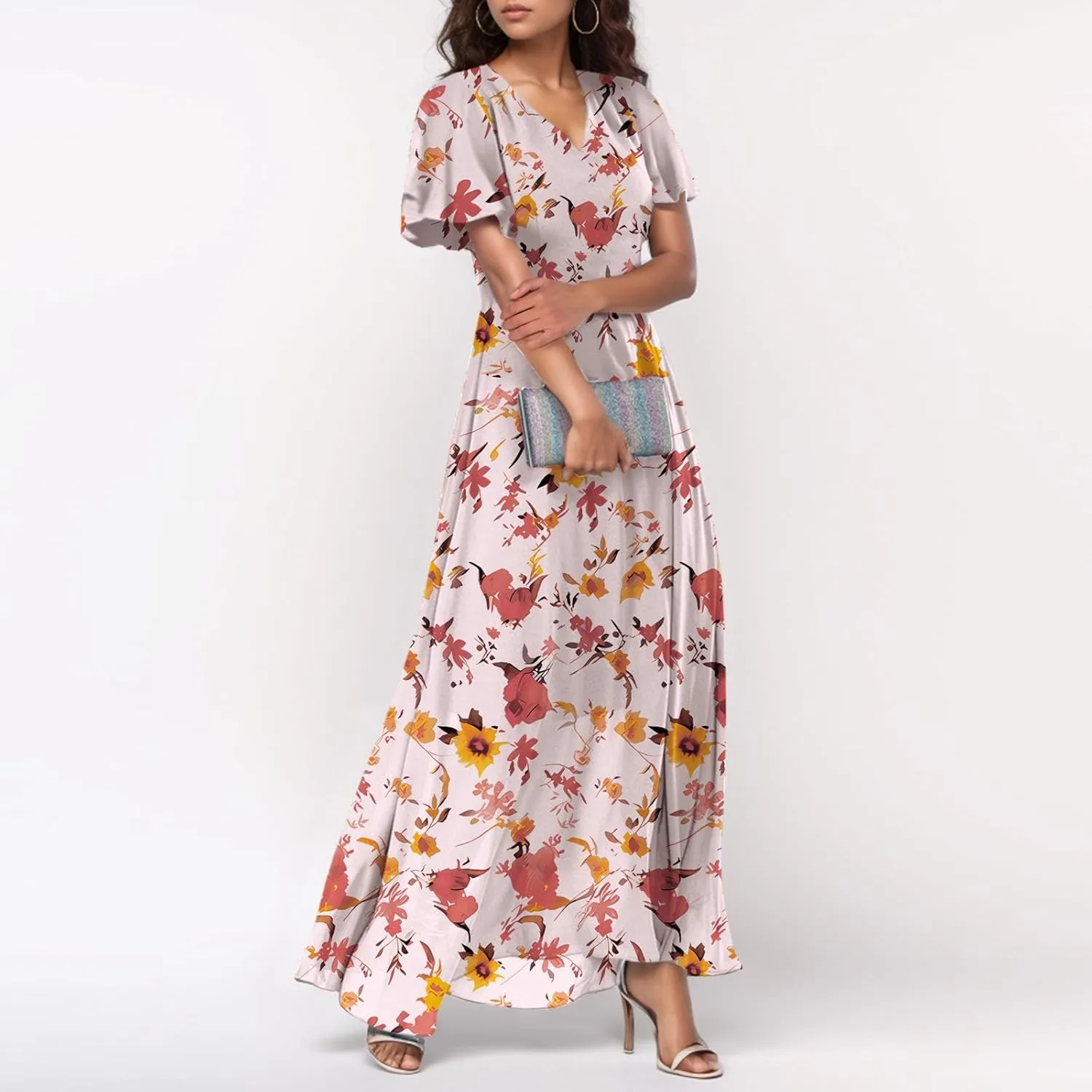 Boho Dresses for Women 2025 Maxi Dress Formal Summer Smocked Floral Dress Plus Size Ruffle Sleeve Chiffon Dresses