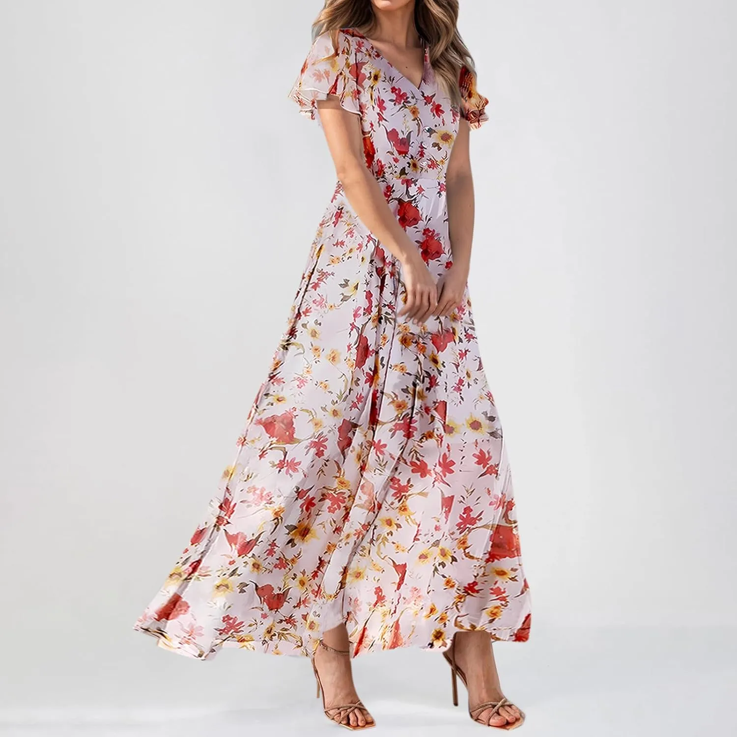 Boho Dresses for Women 2025 Maxi Dress Formal Summer Smocked Floral Dress Plus Size Ruffle Sleeve Chiffon Dresses
