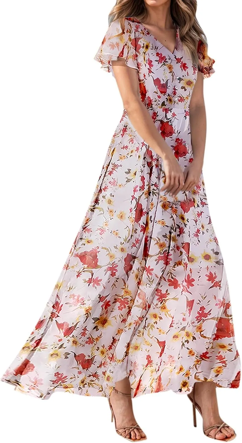 Boho Dresses for Women 2025 Maxi Dress Formal Summer Smocked Floral Dress Plus Size Ruffle Sleeve Chiffon Dresses