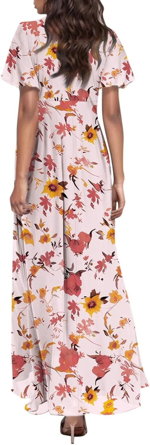 Boho Dresses for Women 2025 Maxi Dress Formal Summer Smocked Floral Dress Plus Size Ruffle Sleeve Chiffon Dresses