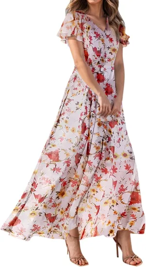 Boho Dresses for Women 2025 Maxi Dress Formal Summer Smocked Floral Dress Plus Size Ruffle Sleeve Chiffon Dresses