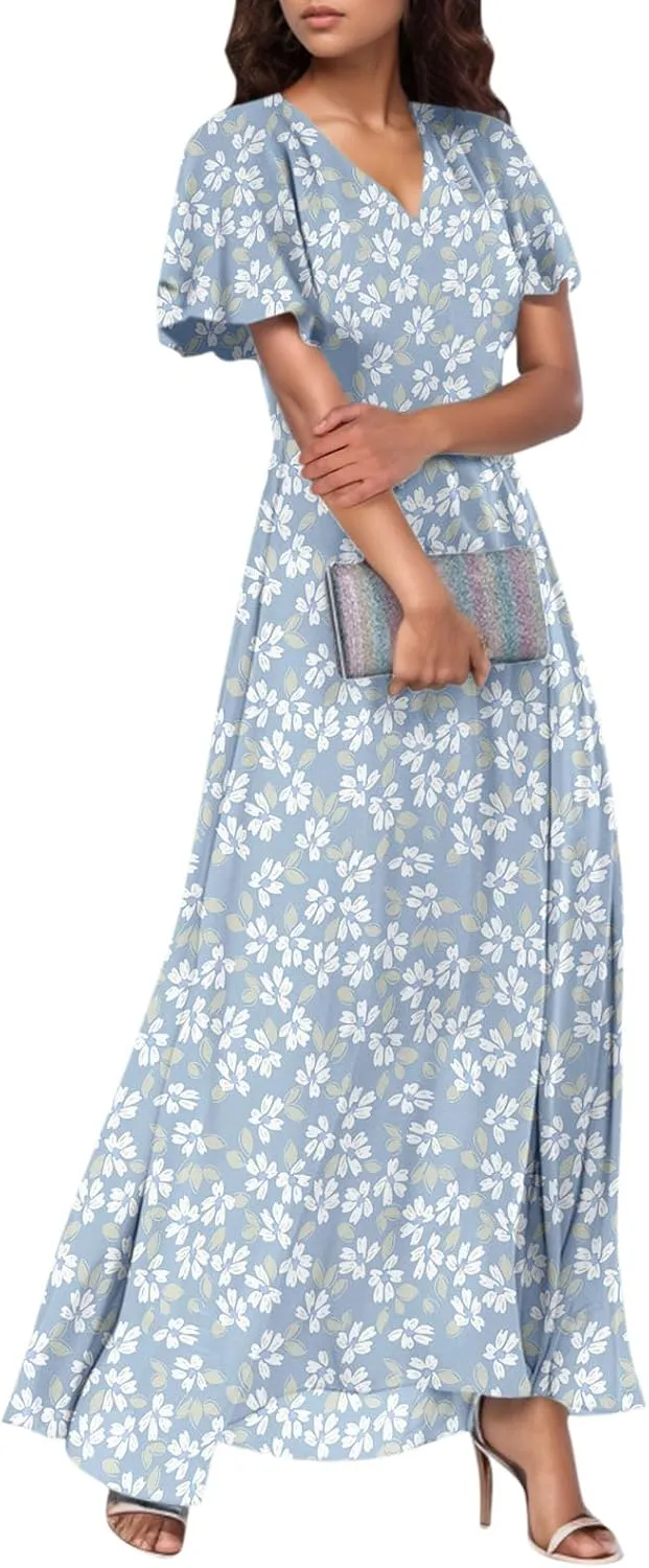 Boho Dresses for Women 2025 Maxi Dress Formal Summer Smocked Floral Dress Plus Size Ruffle Sleeve Chiffon Dresses