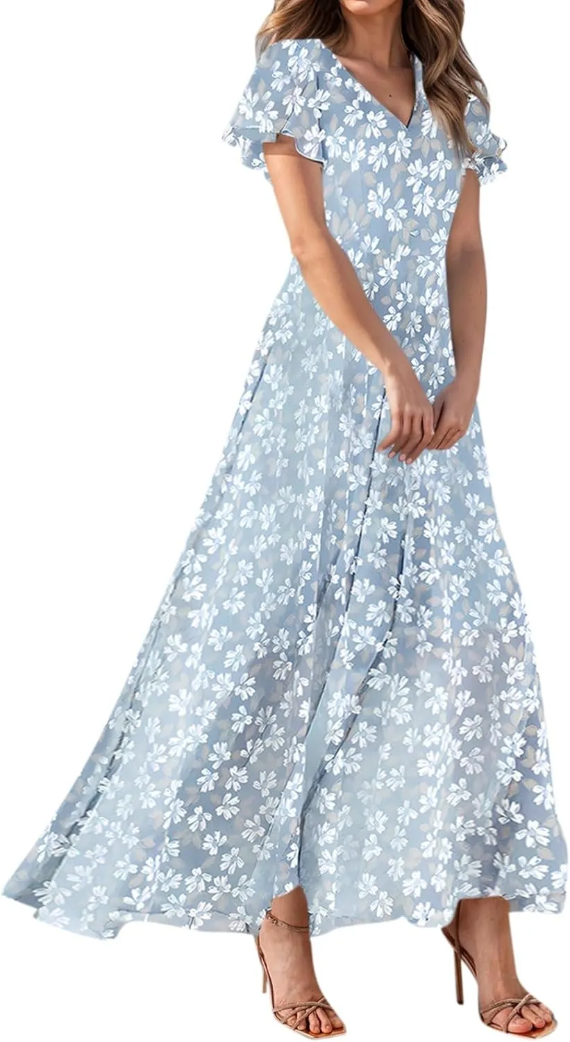 Boho Dresses for Women 2025 Maxi Dress Formal Summer Smocked Floral Dress Plus Size Ruffle Sleeve Chiffon Dresses