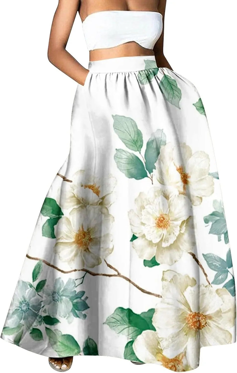 Boho Floral Printed Maxi Skirts for Women Summer Beach High Waisted Mopping Floor Length A Line Plus Size Vacation Skirt