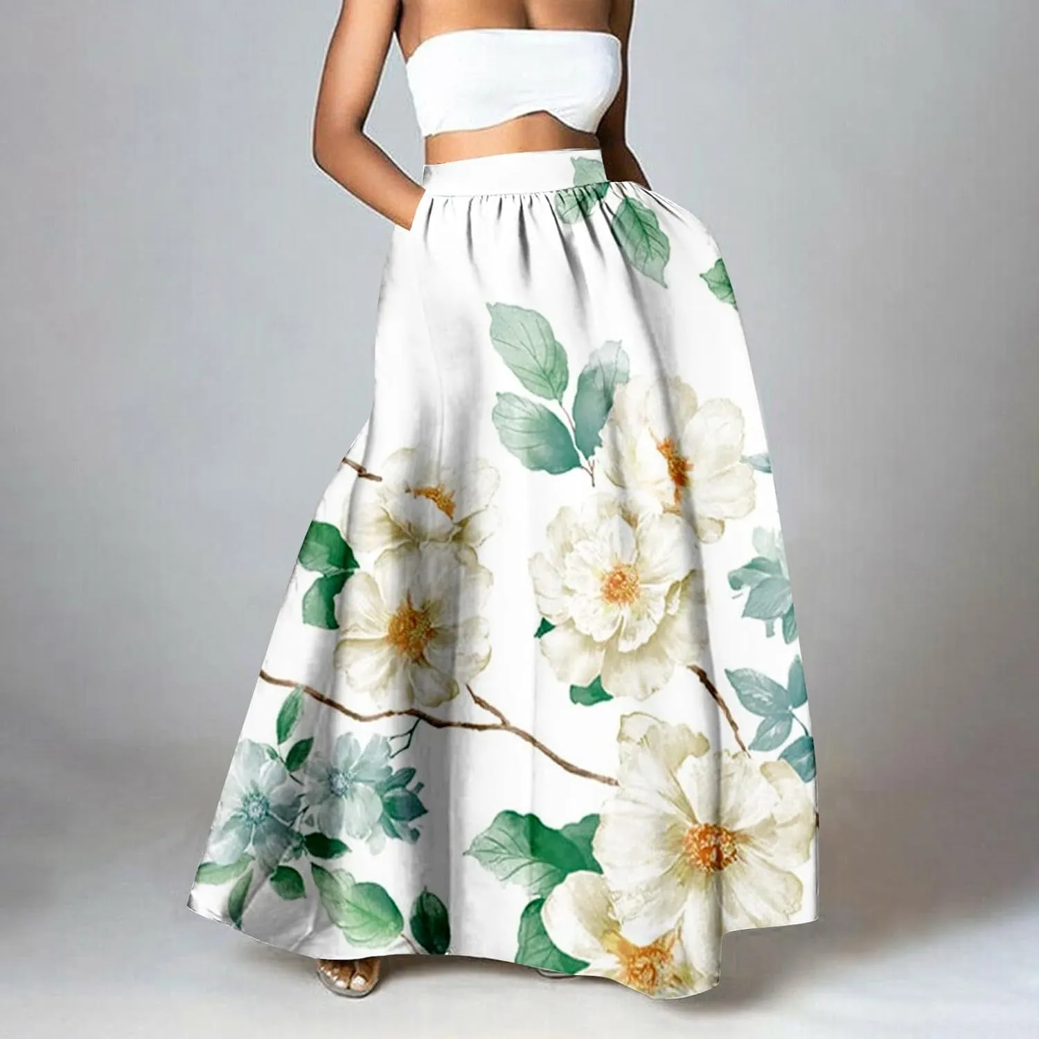 Boho Floral Printed Maxi Skirts for Women Summer Beach High Waisted Mopping Floor Length A Line Plus Size Vacation Skirt