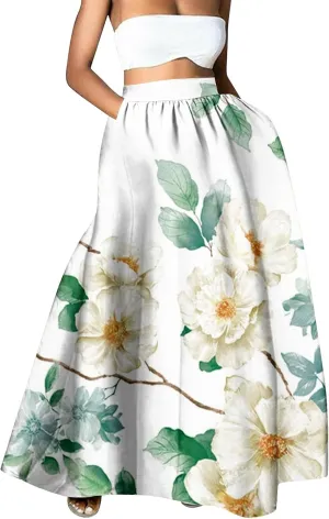 Boho Floral Printed Maxi Skirts for Women Summer Beach High Waisted Mopping Floor Length A Line Plus Size Vacation Skirt