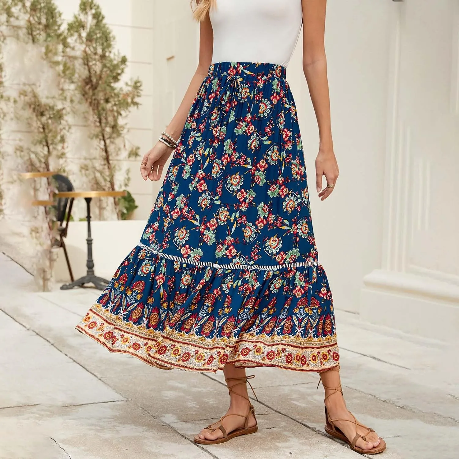 Boho Floral Skirts for Women High Waist Vintage Tiered Ruffled Hem Hawaiian Beach Flowy Maxi Smocked Skirts