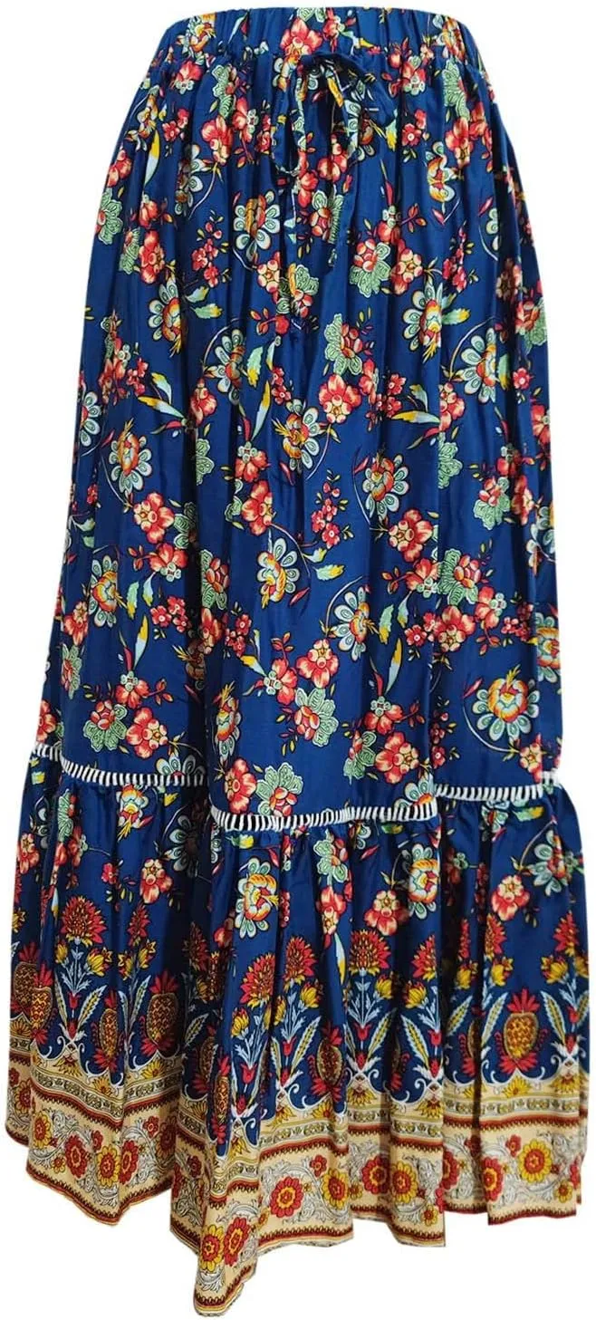 Boho Floral Skirts for Women High Waist Vintage Tiered Ruffled Hem Hawaiian Beach Flowy Maxi Smocked Skirts