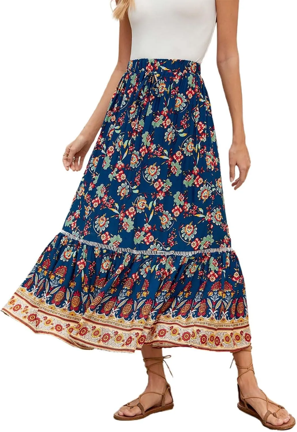 Boho Floral Skirts for Women High Waist Vintage Tiered Ruffled Hem Hawaiian Beach Flowy Maxi Smocked Skirts