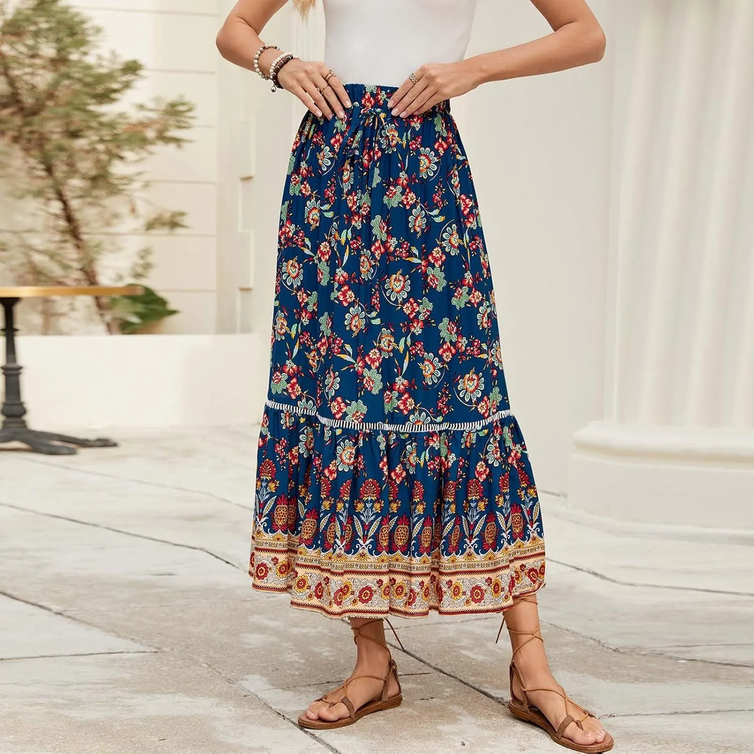 Boho Floral Skirts for Women High Waist Vintage Tiered Ruffled Hem Hawaiian Beach Flowy Maxi Smocked Skirts