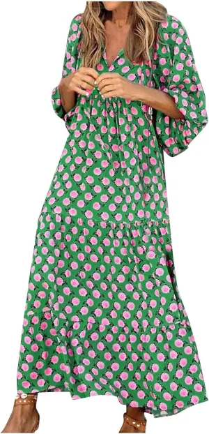 Boho Maxi Dresses for Women 2025 Summer Puff Sleeve Geometric Flowy Long Dress Modest Tiered Shift Bohemian Dress