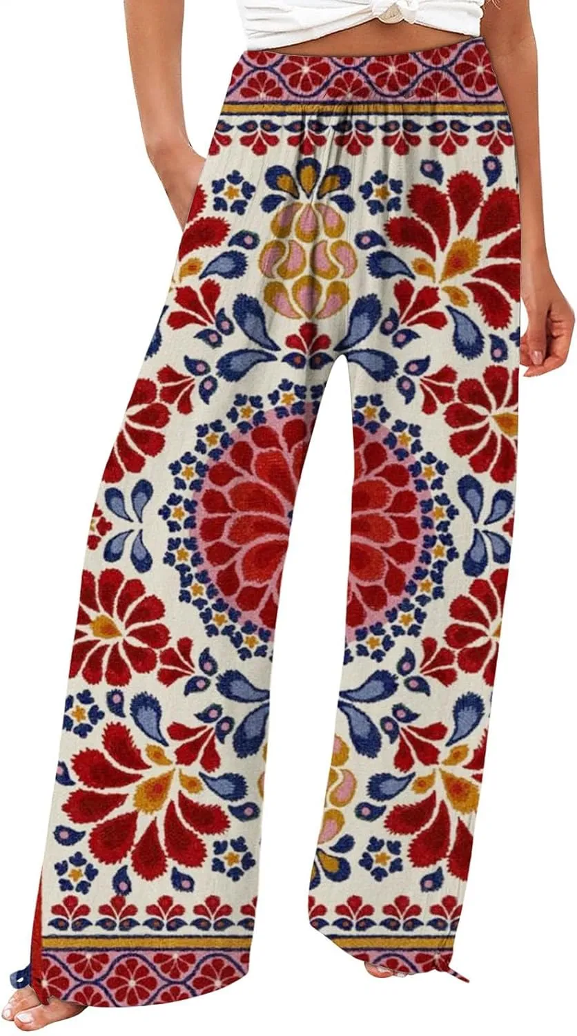 Boho Printed Elastic High Waist Palazzo Pants Womens Cotton Casual Loose Pants Comfy Work Pants with Pockets Elastic