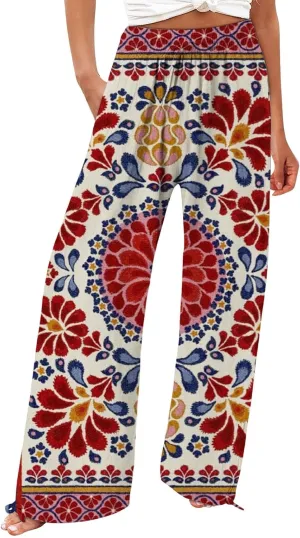 Boho Printed Elastic High Waist Palazzo Pants Womens Cotton Casual Loose Pants Comfy Work Pants with Pockets Elastic