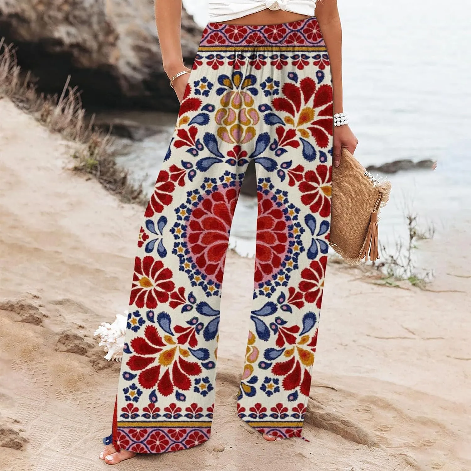 Boho Printed Elastic High Waist Palazzo Pants Womens Cotton Casual Loose Pants Comfy Work Pants with Pockets Elastic