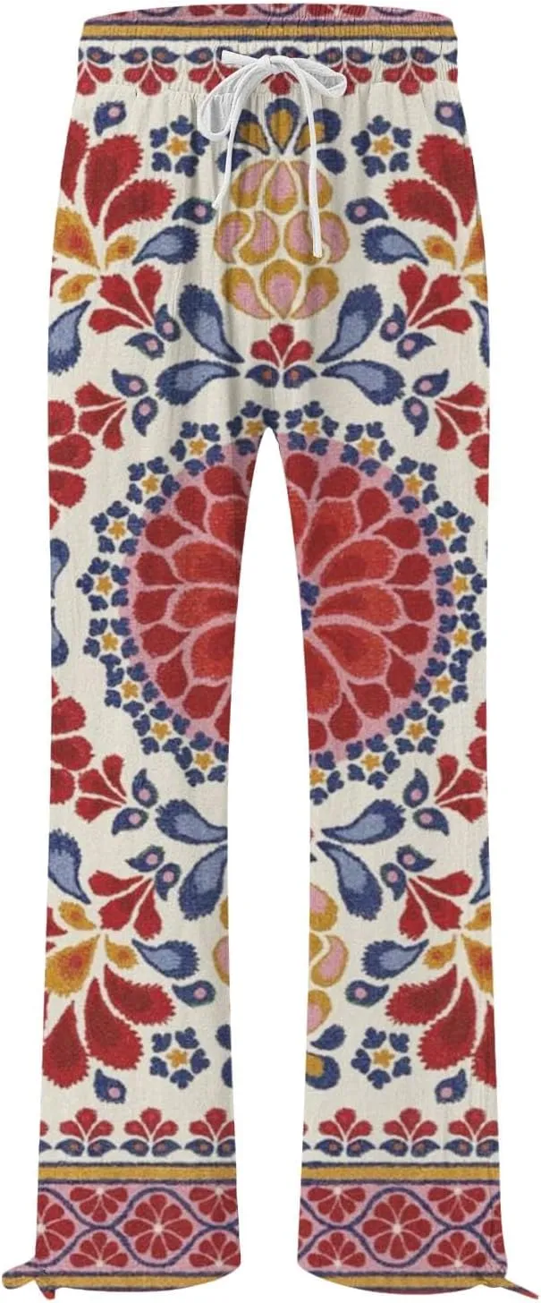 Boho Printed Elastic High Waist Palazzo Pants Womens Cotton Casual Loose Pants Comfy Work Pants with Pockets Elastic