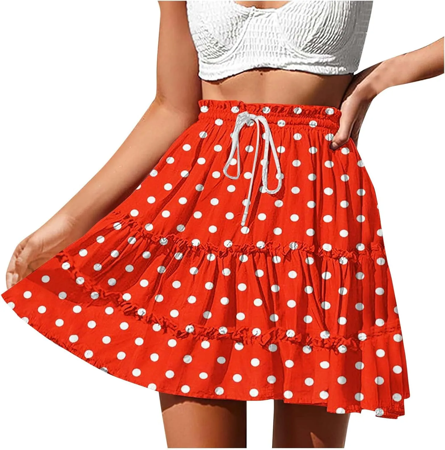 Boho Skirts for Women Summer Casual Elastic High Waist Drawstring Polka Dots Tie-up Flowy Short Mini Skirt