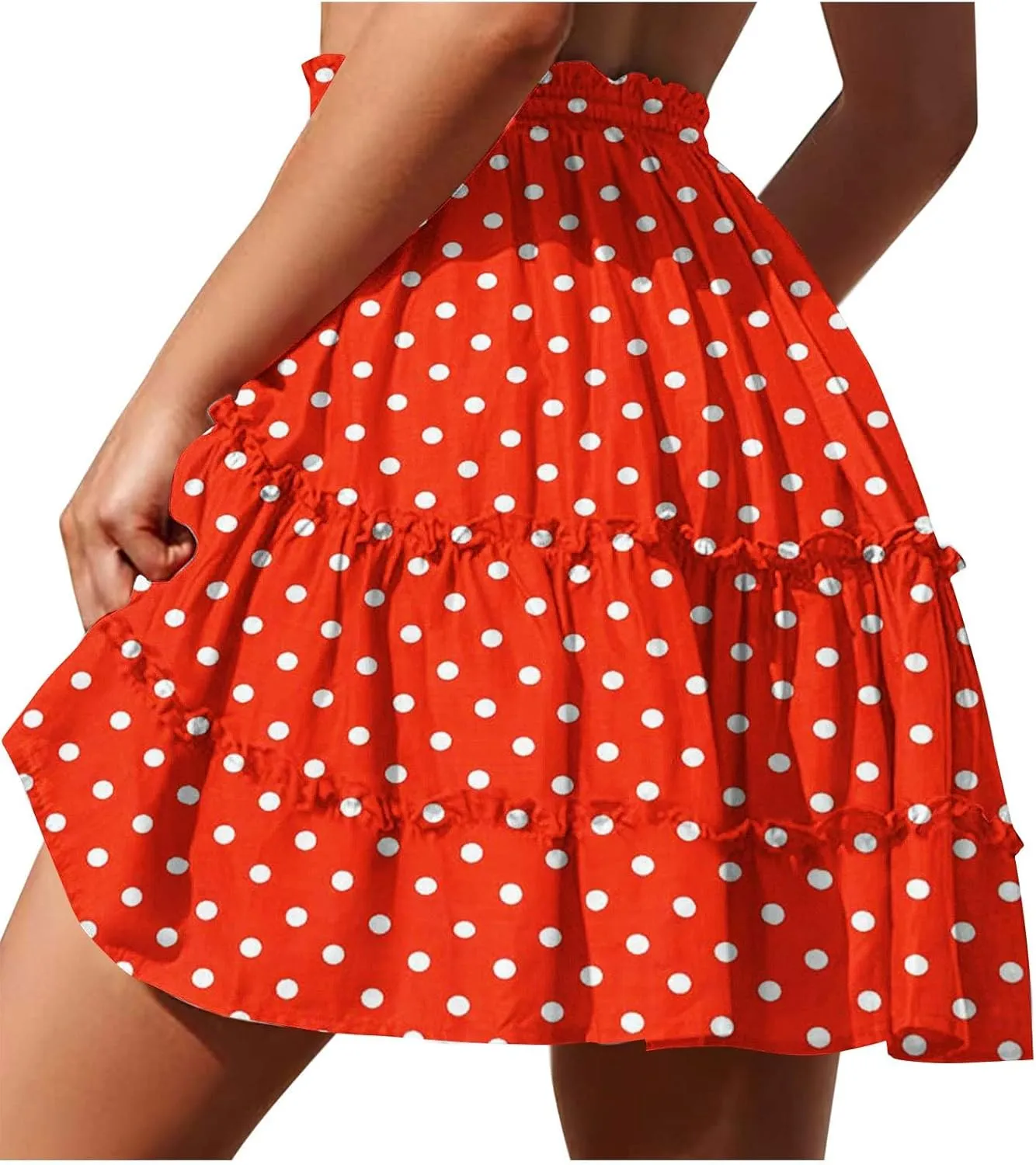 Boho Skirts for Women Summer Casual Elastic High Waist Drawstring Polka Dots Tie-up Flowy Short Mini Skirt