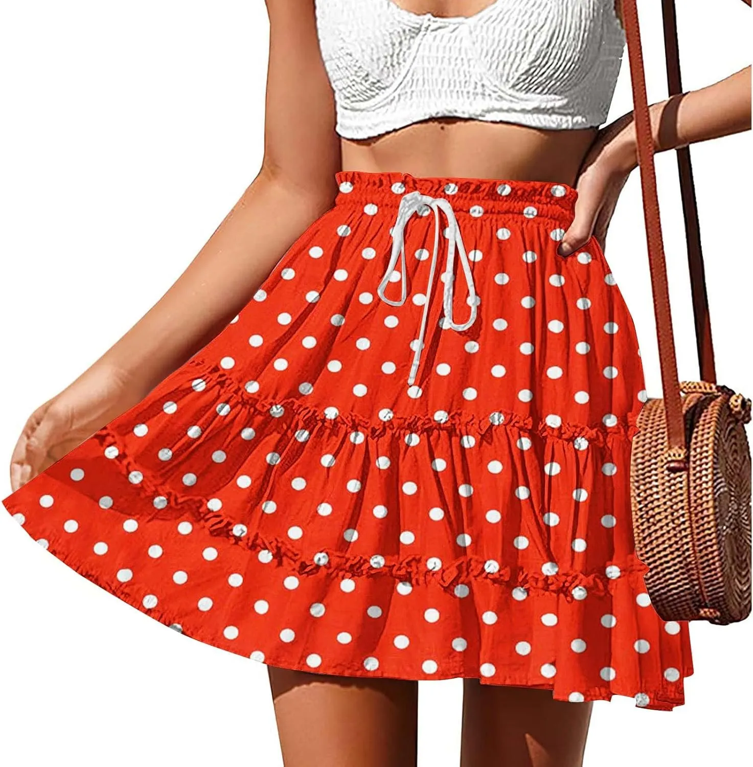 Boho Skirts for Women Summer Casual Elastic High Waist Drawstring Polka Dots Tie-up Flowy Short Mini Skirt