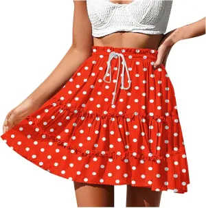 Boho Skirts for Women Summer Casual Elastic High Waist Drawstring Polka Dots Tie-up Flowy Short Mini Skirt