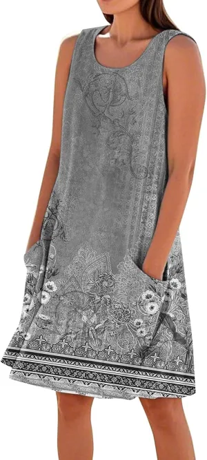 Boho Summer Dresses for Women 2025 Plus Size Casual Loose Sleeveless Sundresses Tank Dresses with Pockets