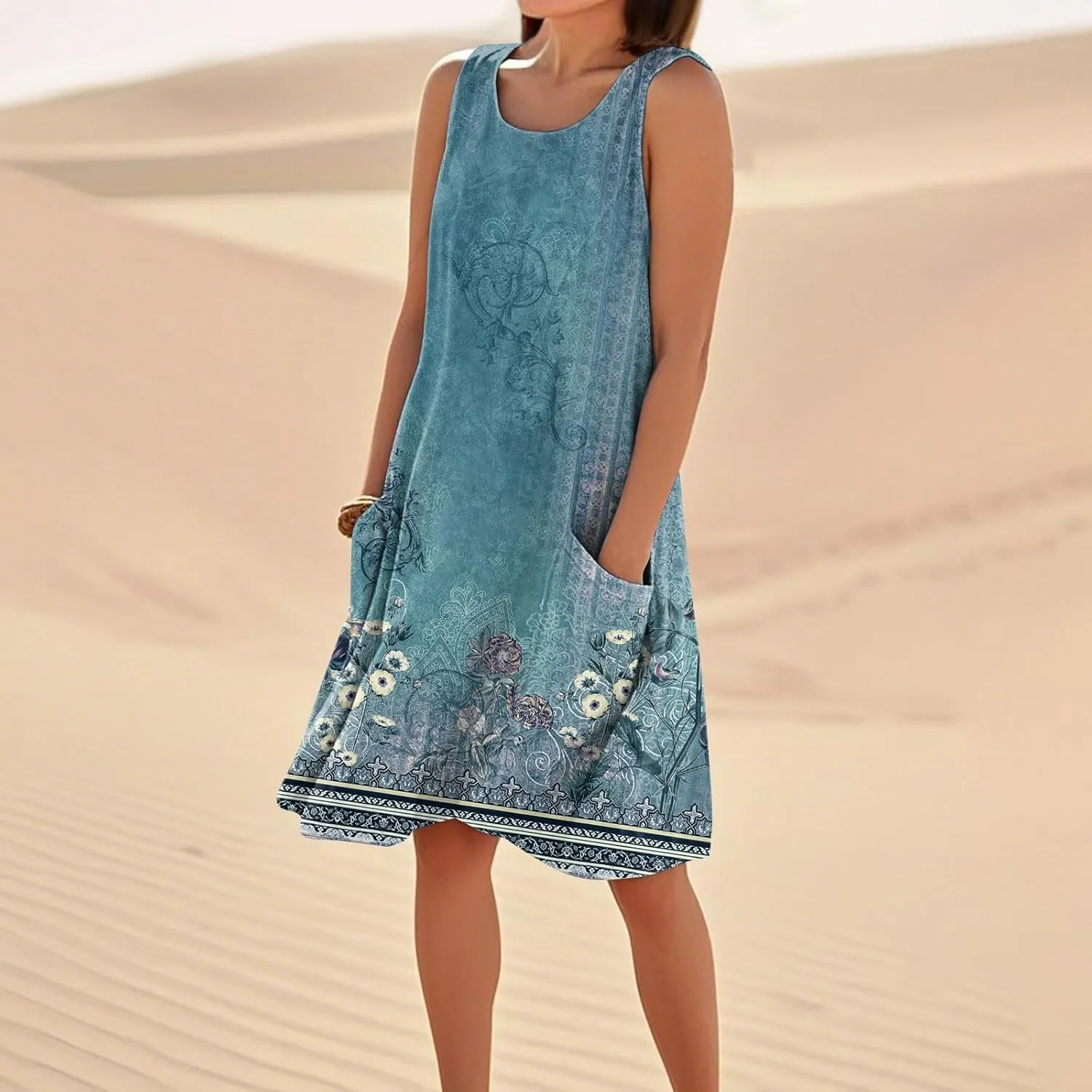Boho Summer Dresses for Women 2025 Plus Size Casual Loose Sleeveless Sundresses Tank Dresses with Pockets