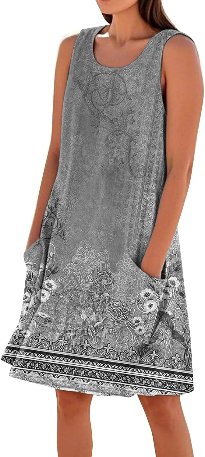 Boho Summer Dresses for Women 2025 Plus Size Casual Loose Sleeveless Sundresses Tank Dresses with Pockets