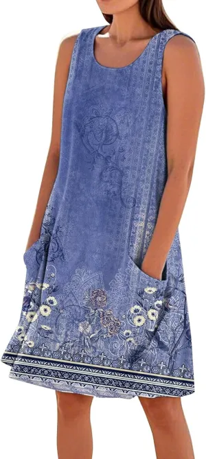 Boho Summer Dresses for Women 2025 Plus Size Casual Loose Sleeveless Sundresses Tank Dresses with Pockets