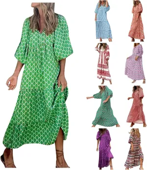 Boho Summer Dresses for Women 2025 Puff Sleeve Geometric Flower Maxi Dress Comfy Tiered Gingham Flowy Long Dress