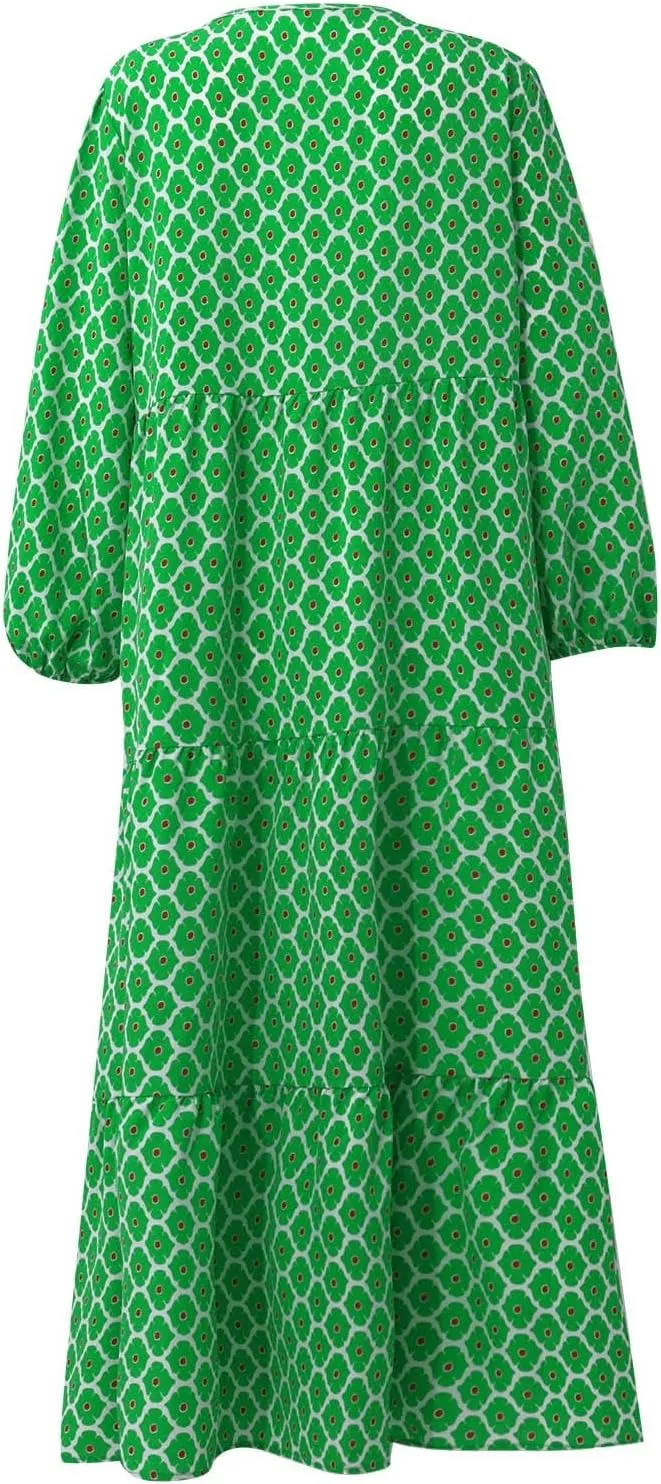 Boho Summer Dresses for Women 2025 Puff Sleeve Geometric Flower Maxi Dress Comfy Tiered Gingham Flowy Long Dress