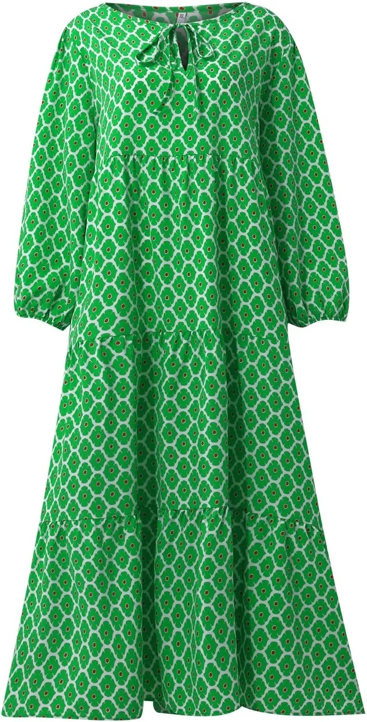 Boho Summer Dresses for Women 2025 Puff Sleeve Geometric Flower Maxi Dress Comfy Tiered Gingham Flowy Long Dress