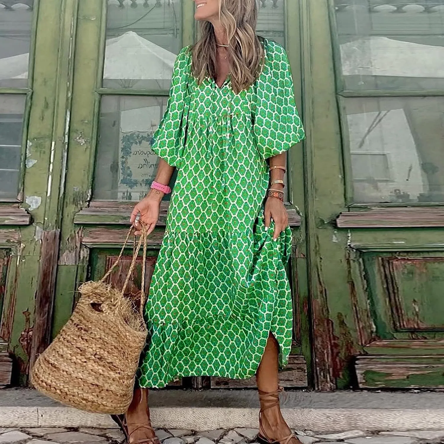 Boho Summer Dresses for Women 2025 Puff Sleeve Geometric Flower Maxi Dress Comfy Tiered Gingham Flowy Long Dress