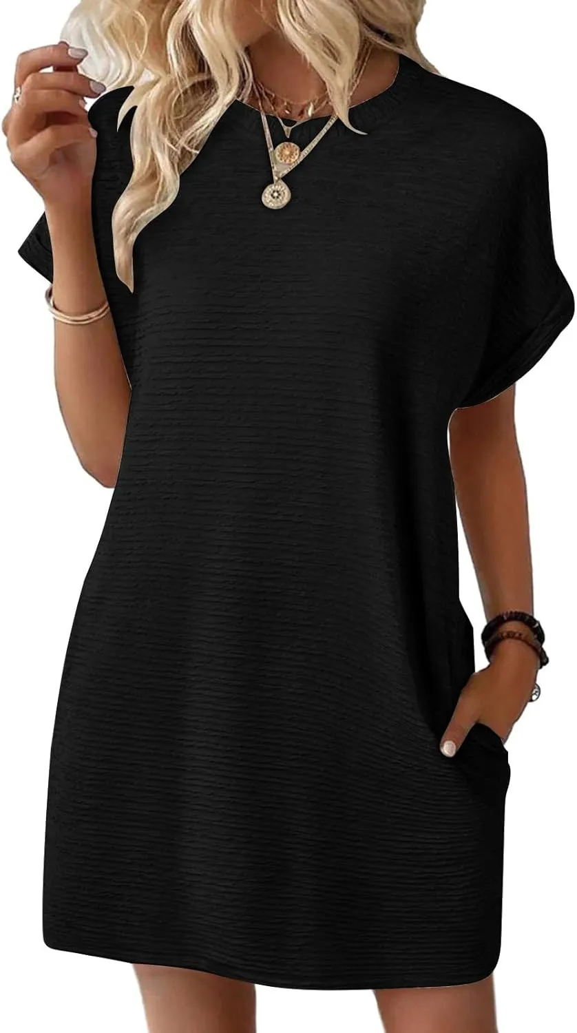 Borniu Womens Summer Beach Vocation Cute T Shirt Dress Casual Short Sleeve Crewneck Loose Flowy Mini Dresses with Pockets