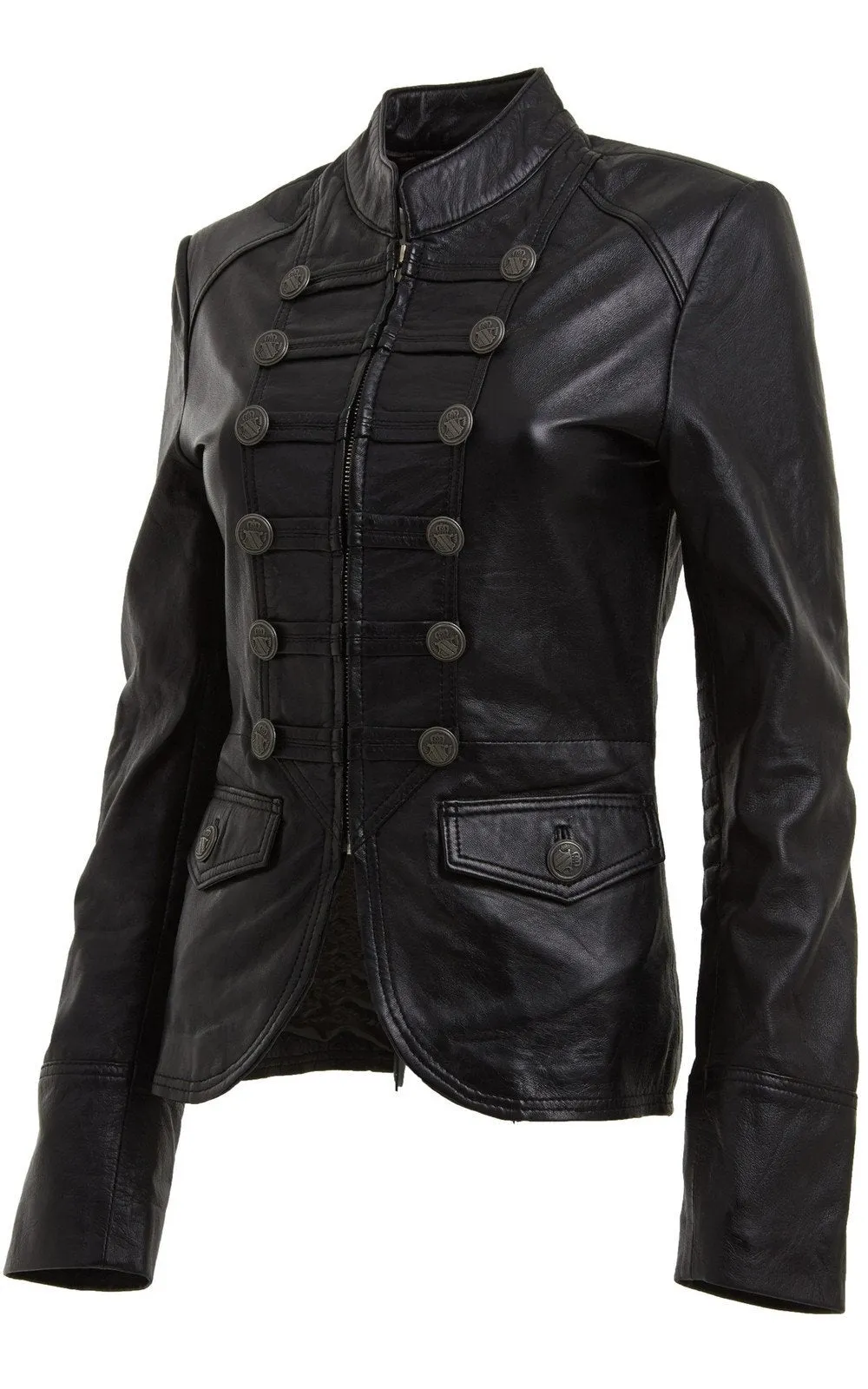 BROWN AND BLACK MILITARY STYLE LEATHER BLAZER JACKET For Women By TJS