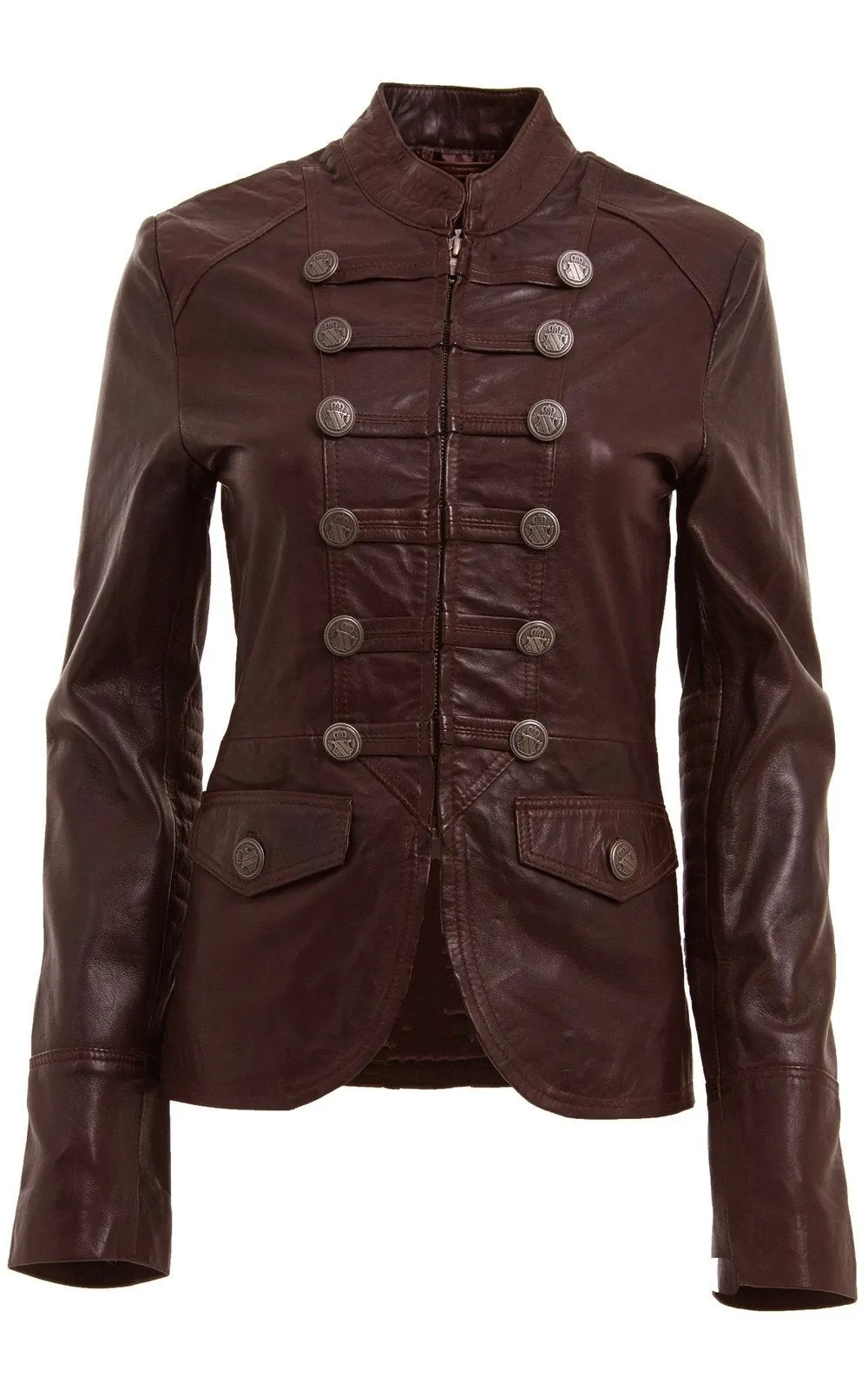 BROWN AND BLACK MILITARY STYLE LEATHER BLAZER JACKET For Women By TJS