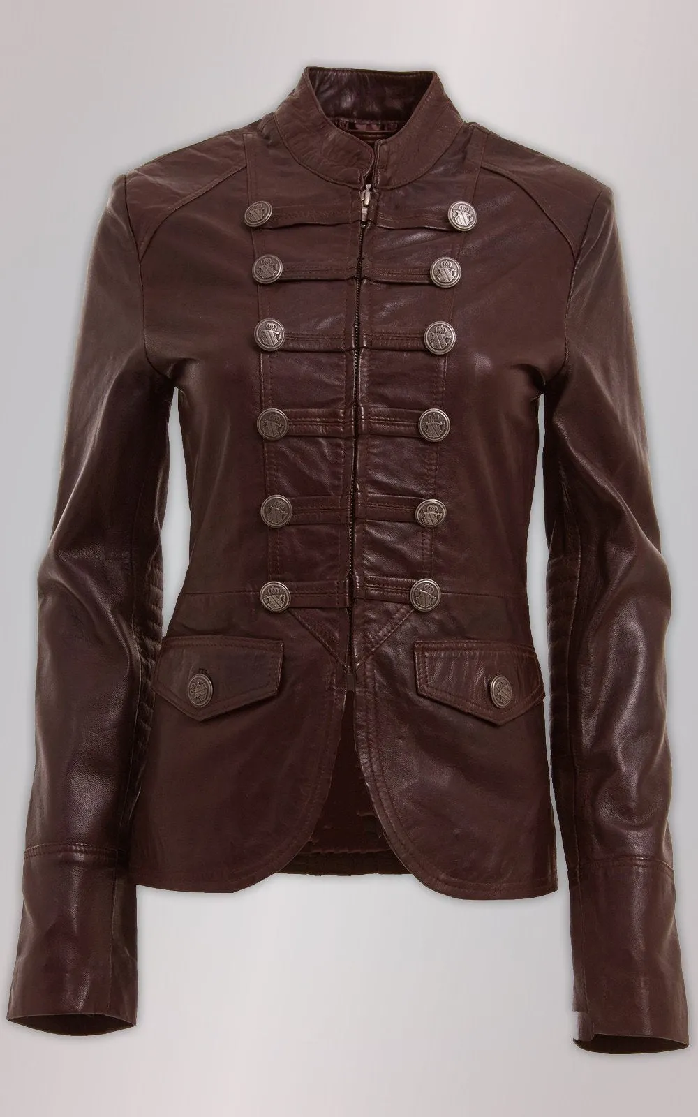 BROWN AND BLACK MILITARY STYLE LEATHER BLAZER JACKET For Women By TJS