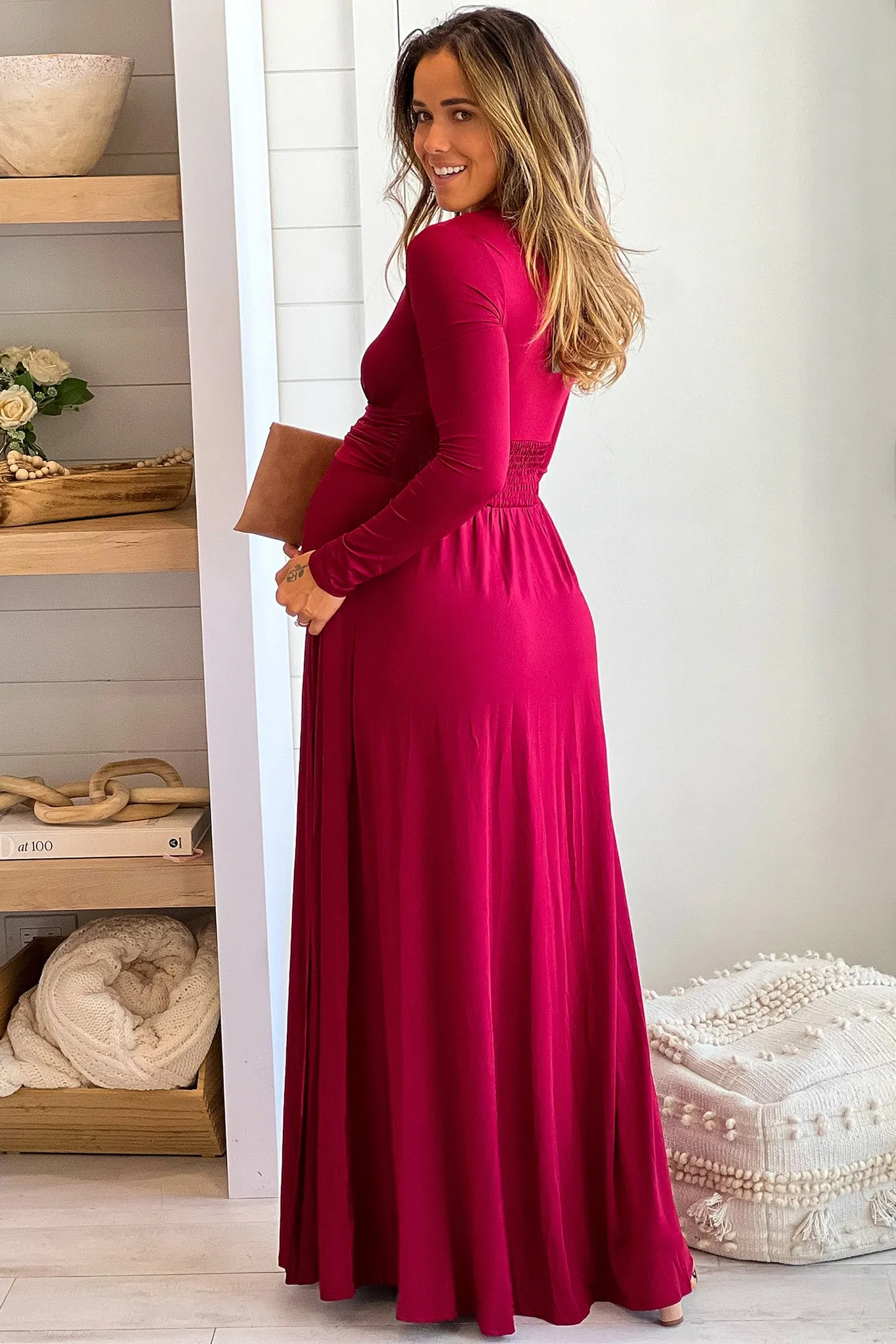 Burgundy Maternity Maxi Dress with Long Sleeves