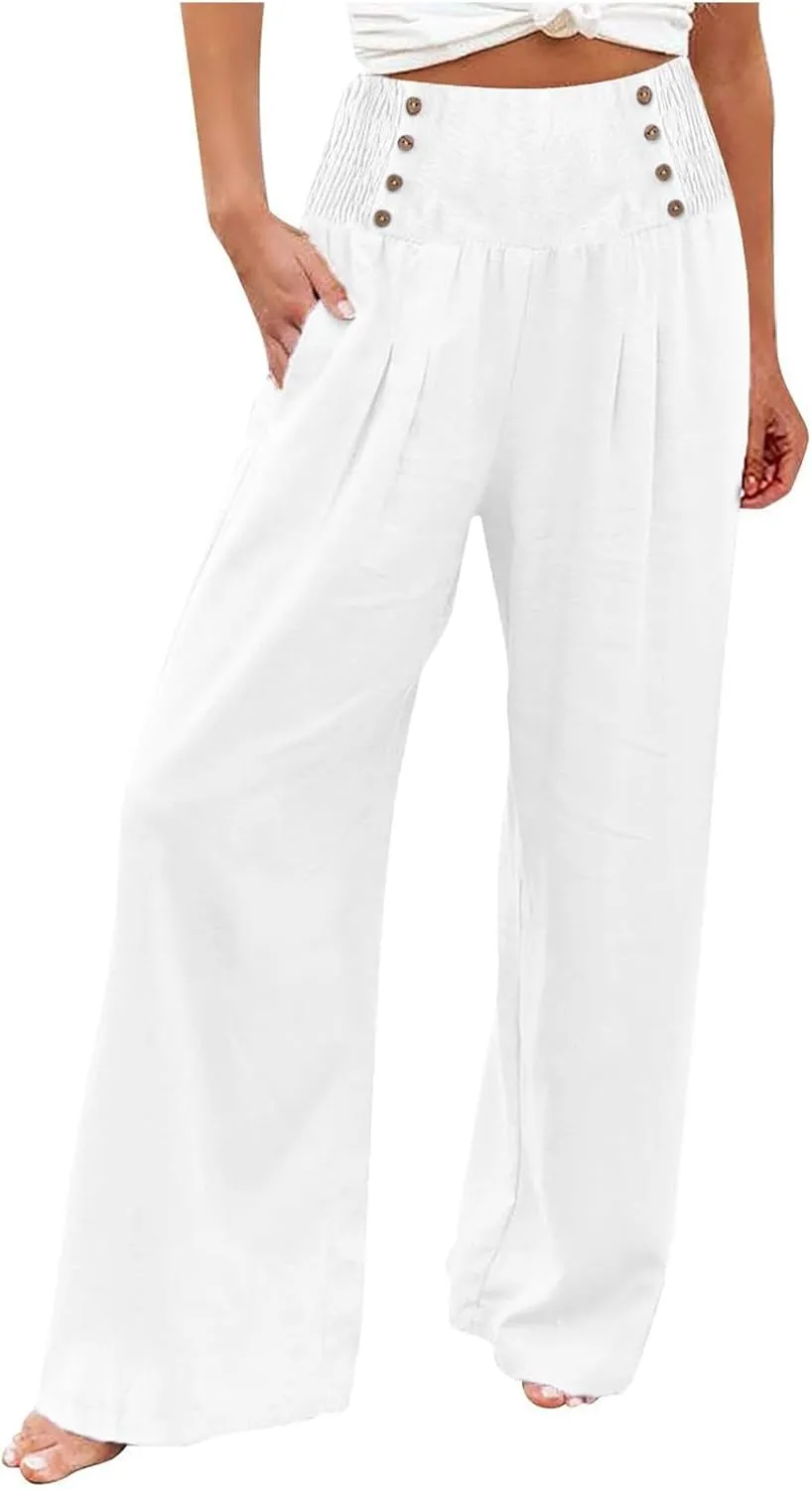 Business Casual Pants for Women, Cotton Linen Blend Wide Leg High Waisted Trouser, Breathable Flattering Fit Pants