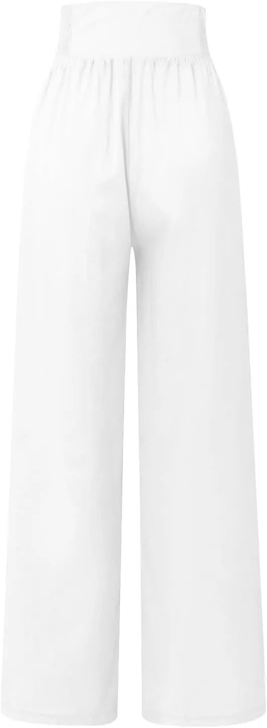 Business Casual Pants for Women, Cotton Linen Blend Wide Leg High Waisted Trouser, Breathable Flattering Fit Pants