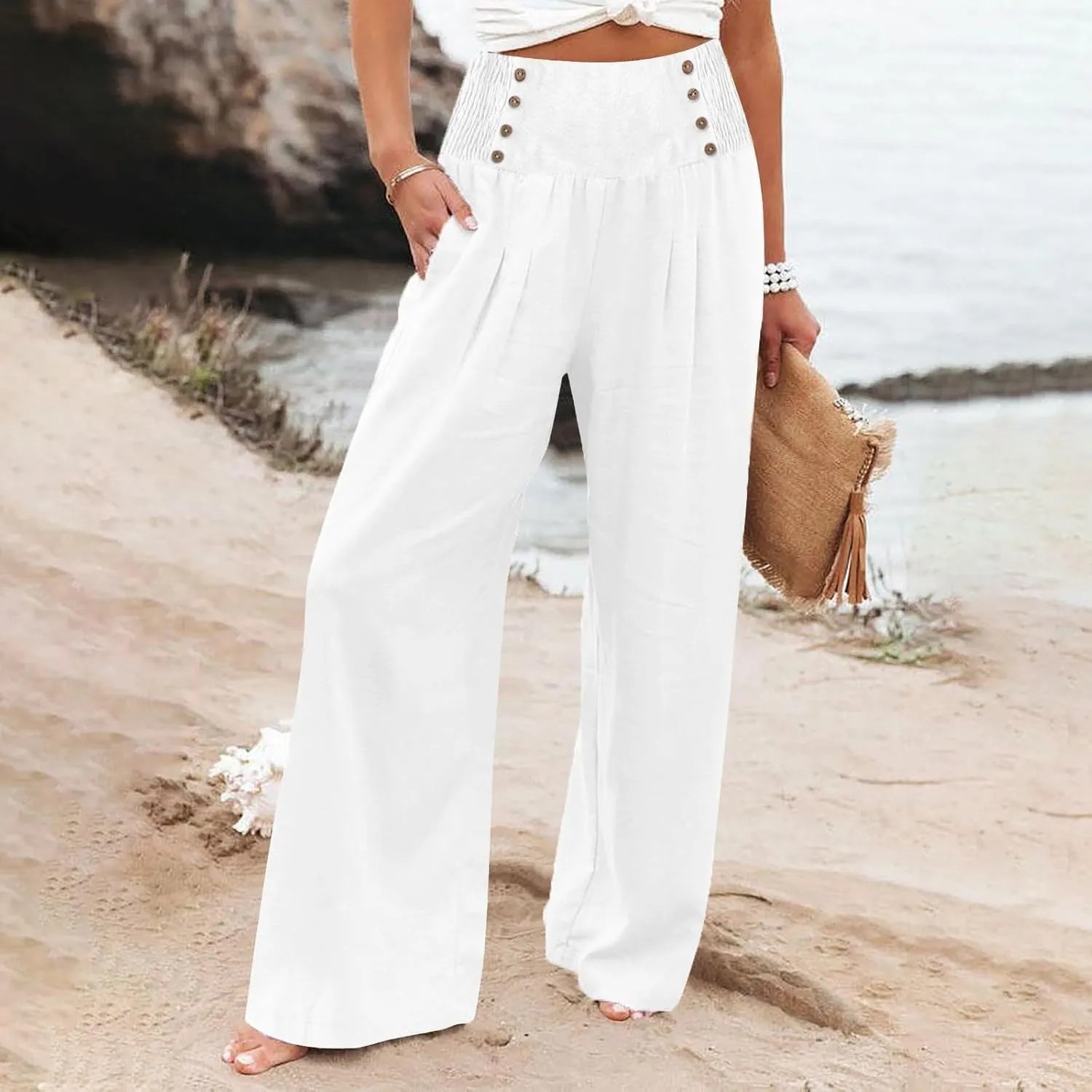 Business Casual Pants for Women, Cotton Linen Blend Wide Leg High Waisted Trouser, Breathable Flattering Fit Pants