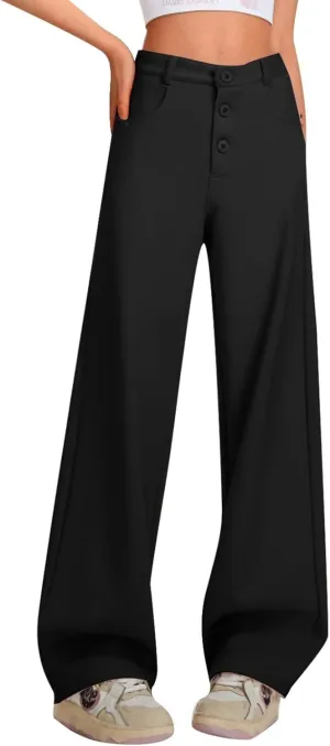 Business Casual Pants for Women Low Waisted Button Solid Color Pants Straight Leg Comfy Soft Stretchy Trousers with Pockets