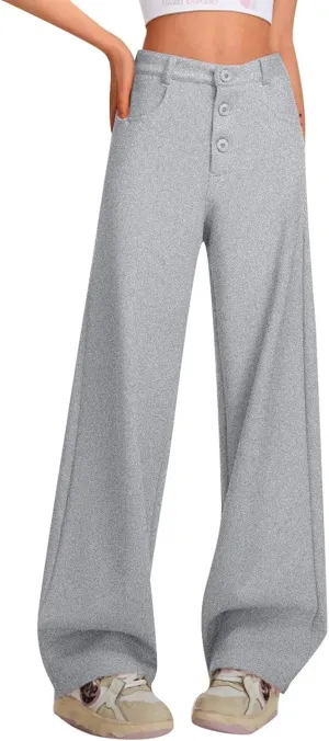 Business Casual Pants for Women Low Waisted Button Solid Color Pants Straight Leg Comfy Soft Stretchy Trousers with Pockets