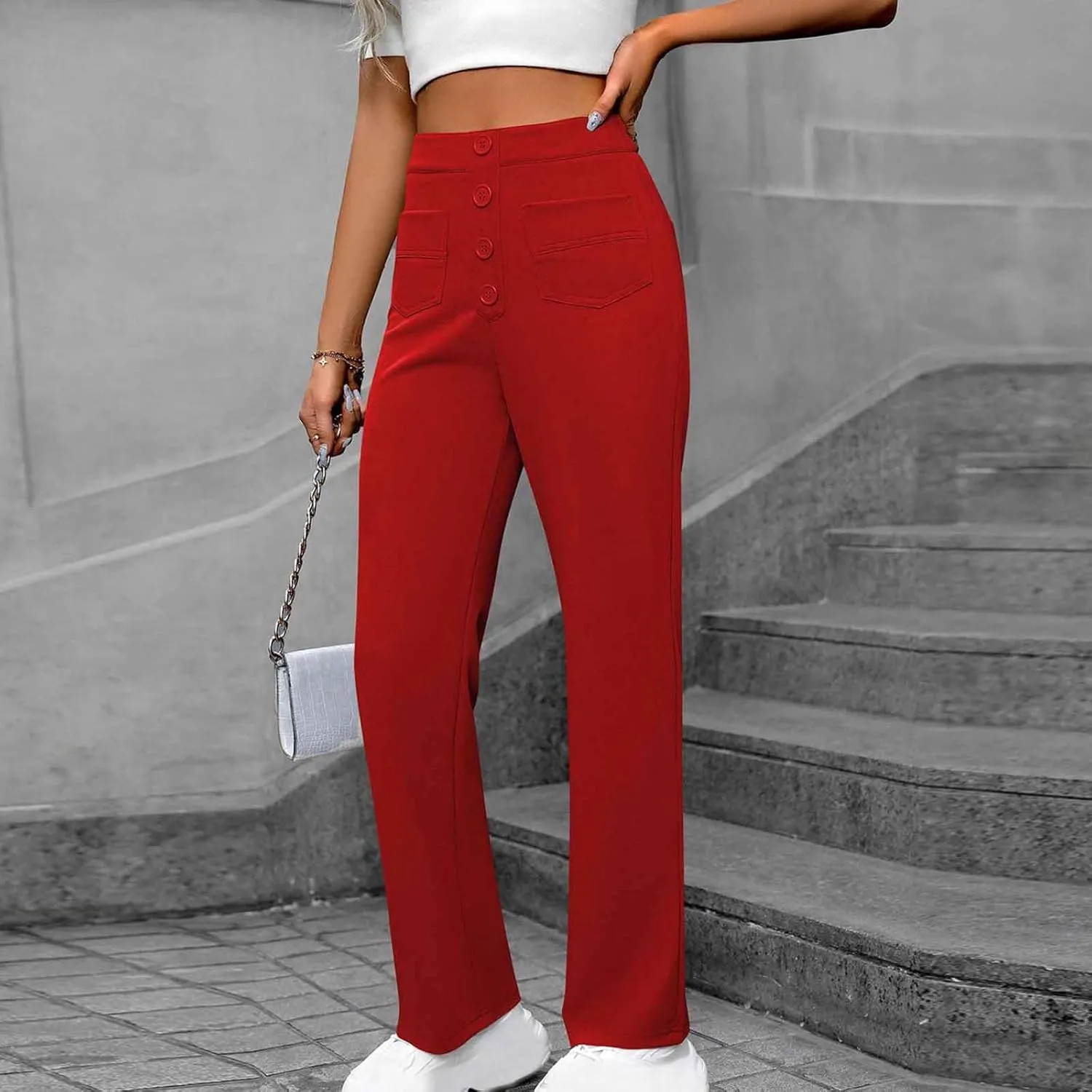 Business Pants for Women High Waisted Button Stretchy Work Trousers Solid Color Loose Straight Leg Pant with Pockets