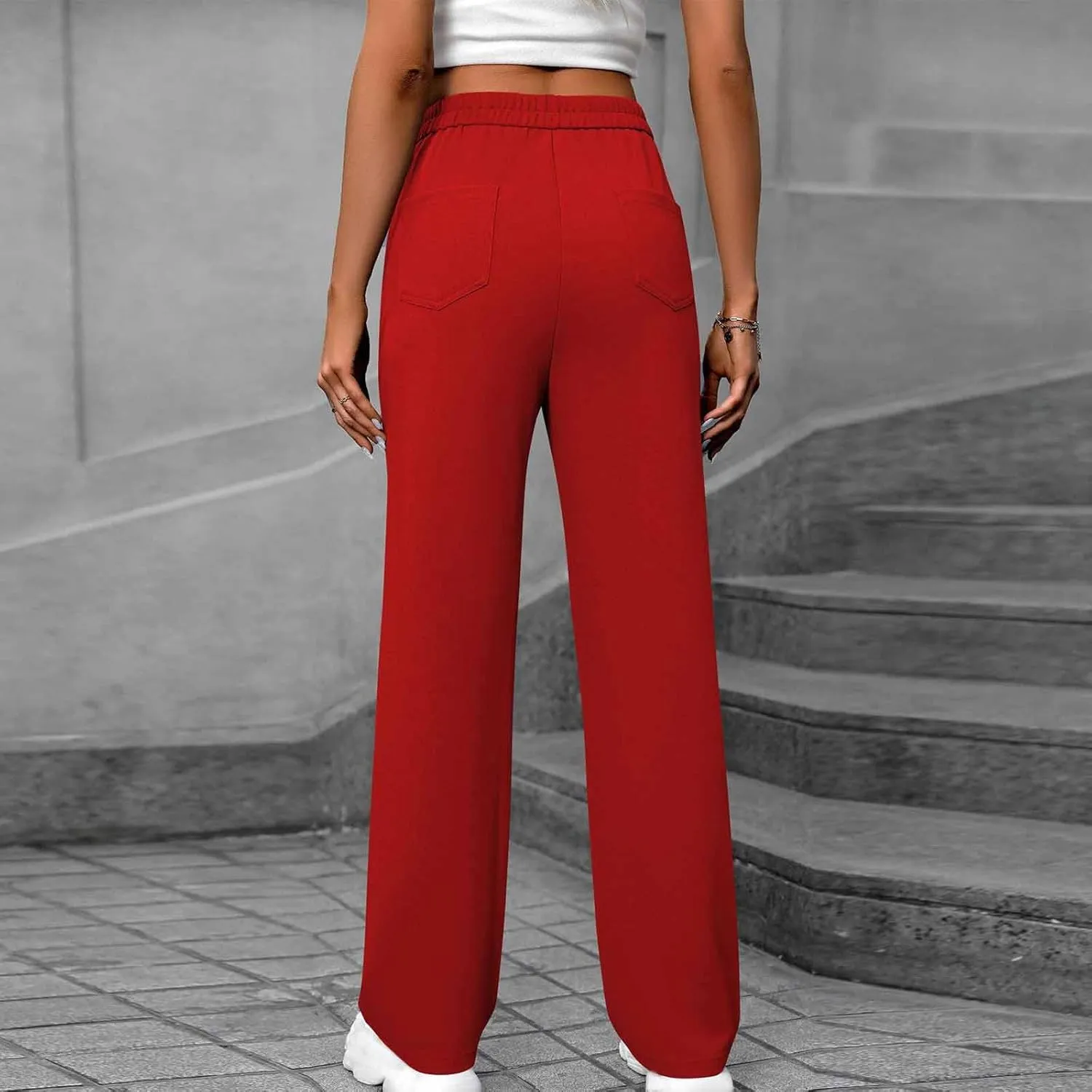 Business Pants for Women High Waisted Button Stretchy Work Trousers Solid Color Loose Straight Leg Pant with Pockets