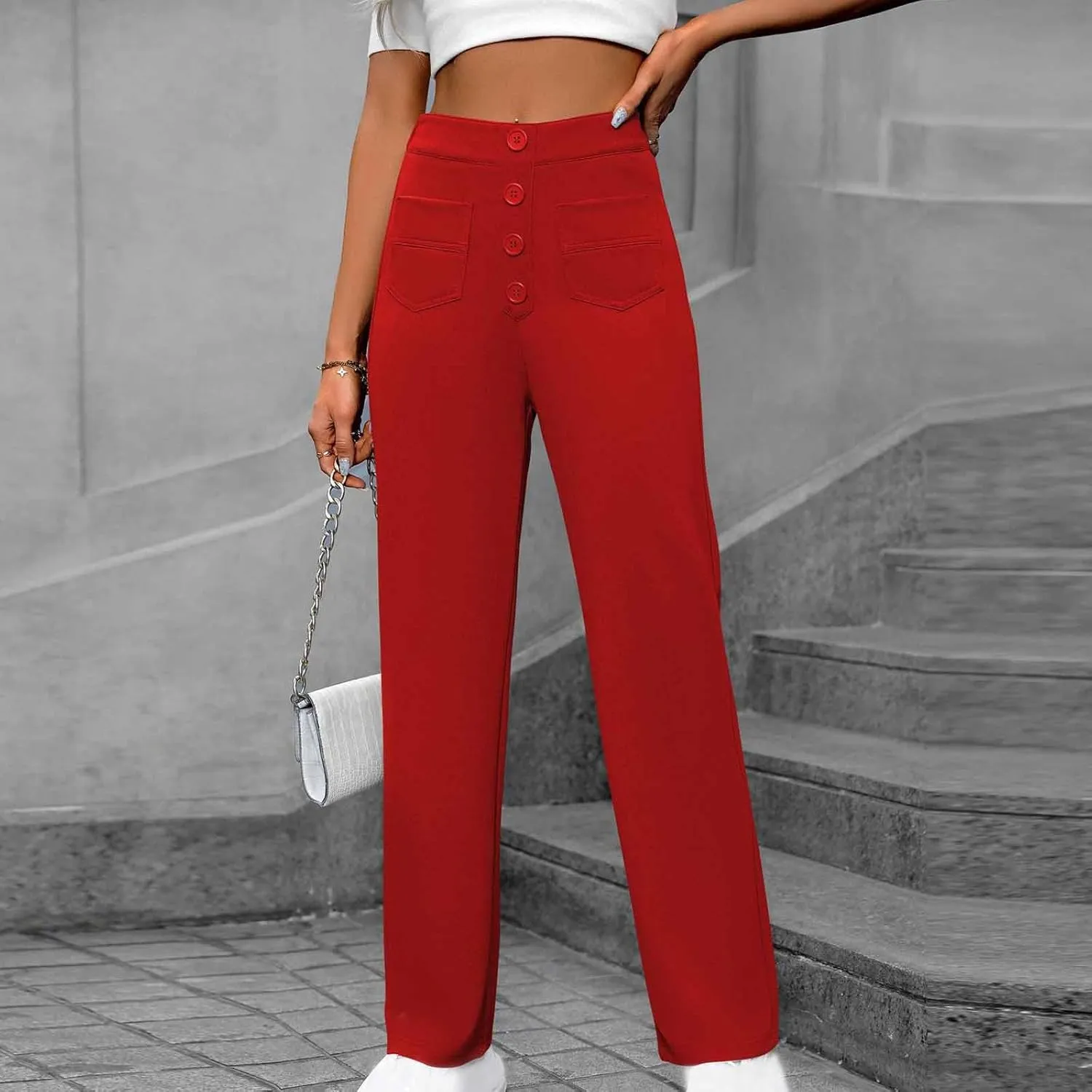 Business Pants for Women High Waisted Button Stretchy Work Trousers Solid Color Loose Straight Leg Pant with Pockets