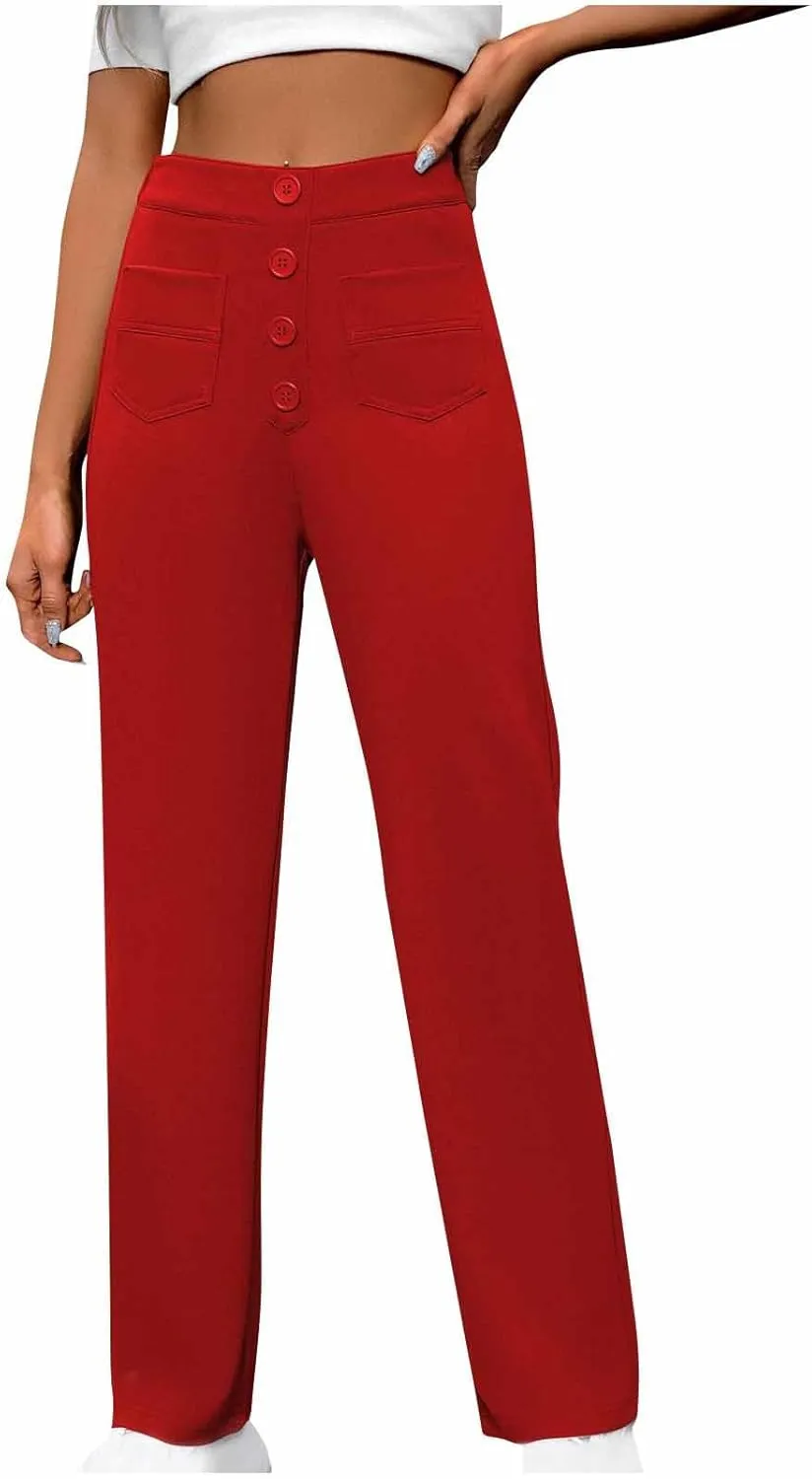 Business Pants for Women High Waisted Button Stretchy Work Trousers Solid Color Loose Straight Leg Pant with Pockets
